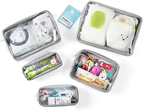 Top view of Beary Tidy clear nylon pouches filled with baby essentials