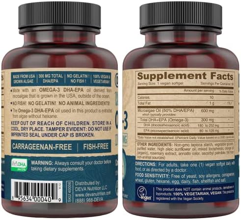 Deva plant based algae oil supplement supplement facts panel detailing DHA and EPA contents.