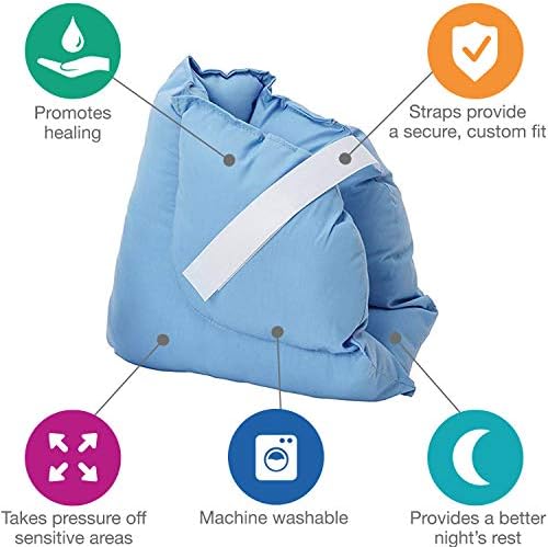Adjustable blue and white foot pillows for bedridden patient heel protection.