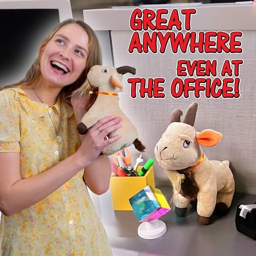 Someone squeezing the center of the Twiddler Toys eleven inch screaming goat toy to demonstrate the funny sound feature.