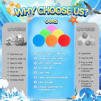 Six different bright shades of premium absorbent water splash balls laid out next to a mesh storage bag