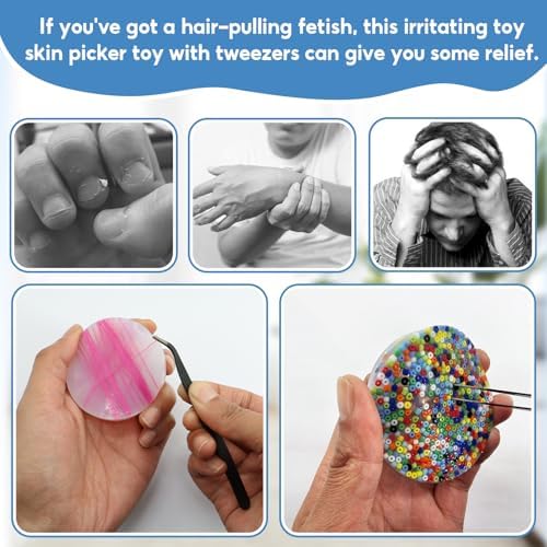 Close up view of tweezers extracting tiny beads from the food grade silicone sensory pad.