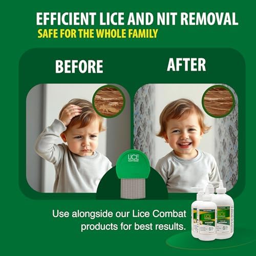 Lice removal kit featuring green magnifying glass and metal combs