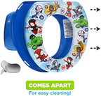 Close-up of the vibrant Spidey and His Amazing Friends character graphics on the cushioned toddler toilet seat