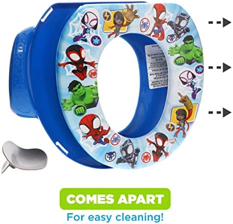 Close-up of the vibrant Spidey and His Amazing Friends character graphics on the cushioned toddler toilet seat