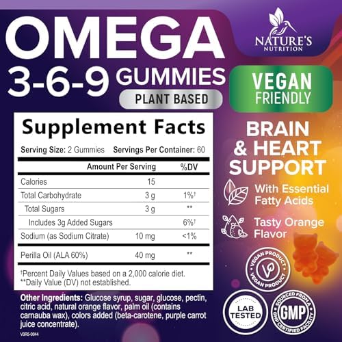 Natures Nutrition Omega 3 6 9 gummies nutritional supplement facts label
