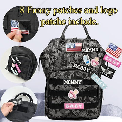 Qwreoia tactical diaper bag interior view highlighting the spacious layout and multiple organizational pockets for baby items