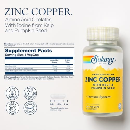 Solaray Zinc Copper immune support supplement supplement facts label showing dosage information.