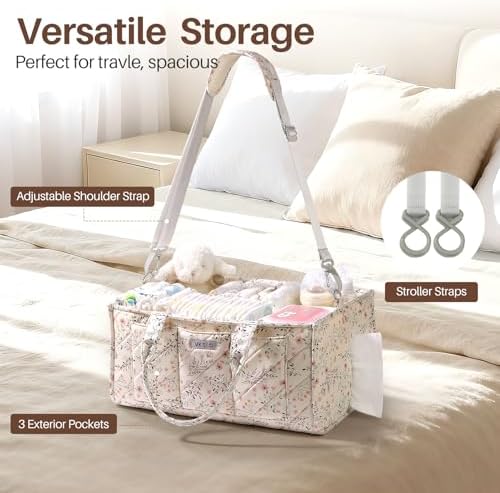 Side view of Vksao diaper caddy showing side pockets