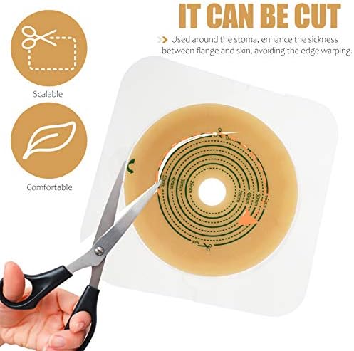 Cut to fit hydrocolloid colostomy barrier with sizing guides.