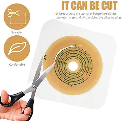 Cut to fit hydrocolloid colostomy barrier with sizing guides.