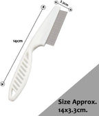 Side profile view of white handle metal hair nit comb