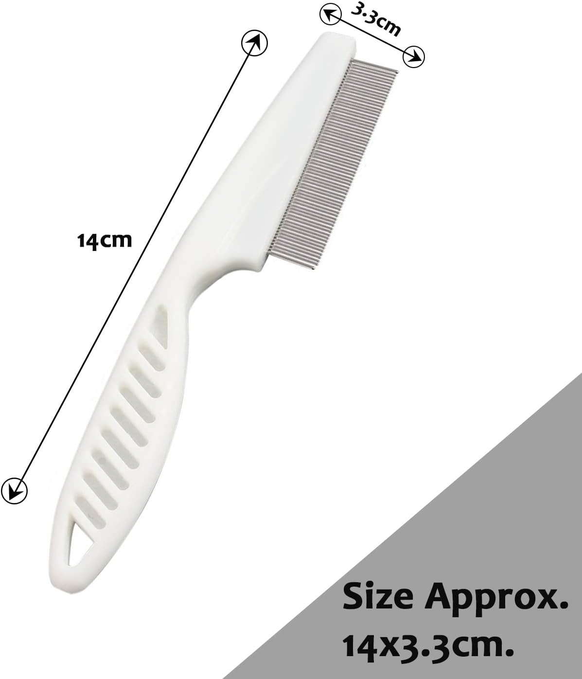 Side profile view of white handle metal hair nit comb