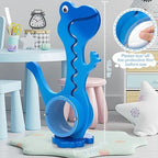 Side angle of the blue wooden dino coin bank displaying the thickness of the natural wood frame.