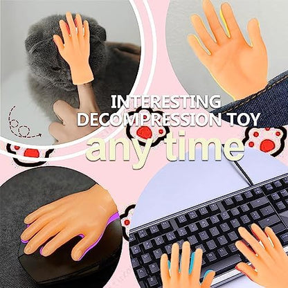 Miniature small hands being worn on human fingers to demonstrate scale and flexibility.