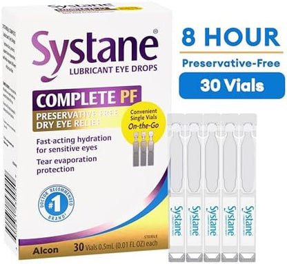 Individual single-use sterile vials of Systane Complete Lubricant Eye Drops.