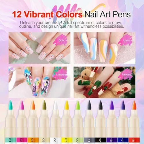12 Colors Nail Art Pens Set, 3D Acrylic Paint Nail Polish Pens for Drawing &Dotting, Quick-Dry Nail Art Markers with Fine Tip, Manicure Design Tools for DIY Nail Art at Home & Salon - Image 3