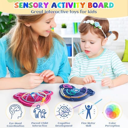 Fire Frog silicone lacing board double sided textured loops with multi colored cords threaded through pathways.
