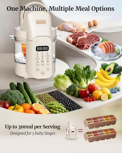 Baby Dolce automatic baby food machine showcasing digital touch controls and 24 hour timer display