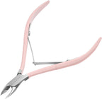 Makartt cuticle nippers front view showing sharp full jaw stainless steel blades and pink handles