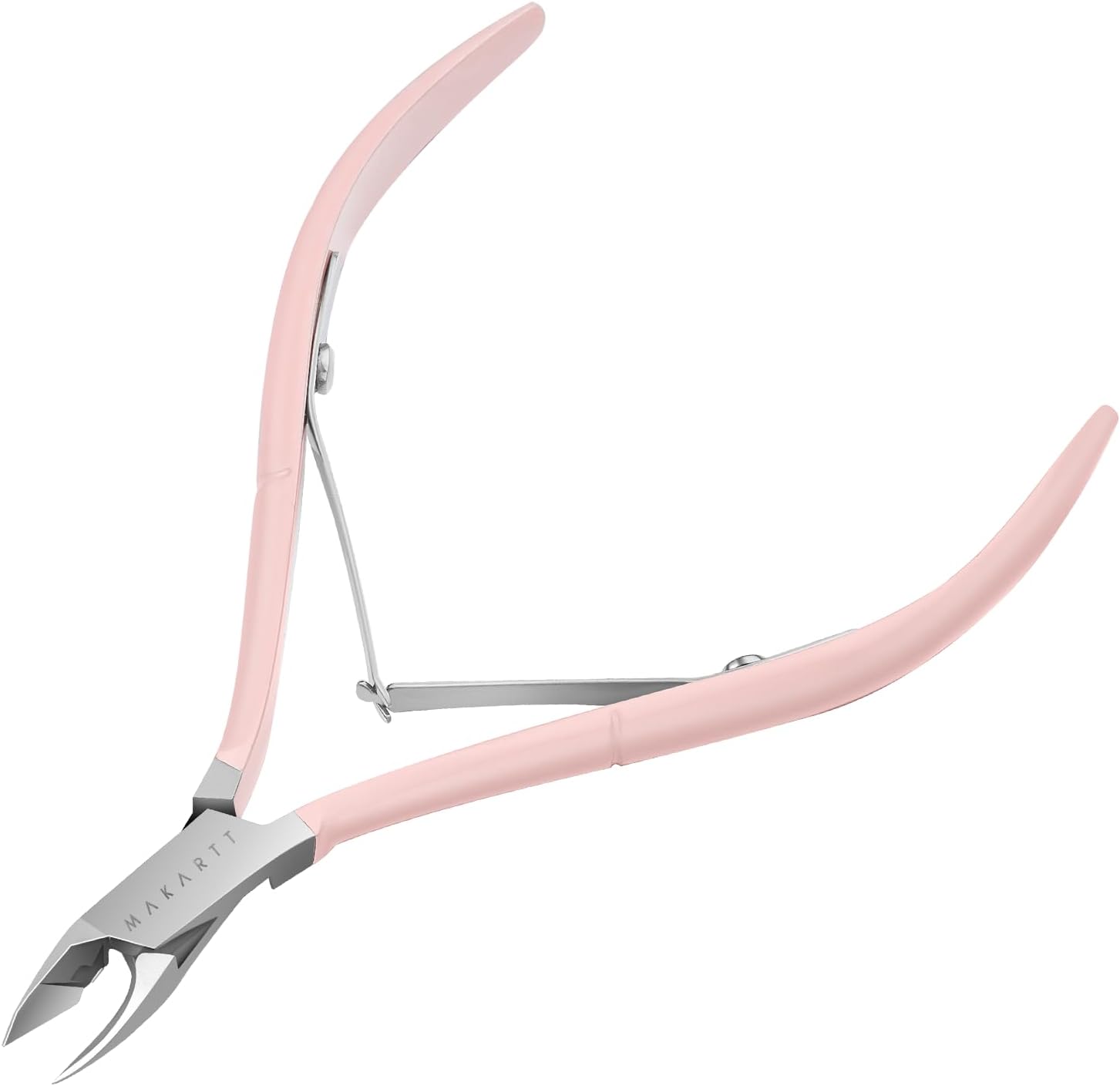 Makartt cuticle nippers front view showing sharp full jaw stainless steel blades and pink handles