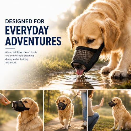 FDEETY protective pet muzzle packaging and product details focusing on the durable air mesh material texture.