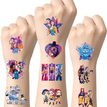 Close up of cartoon Kpop-inspired temporary tattoo designs