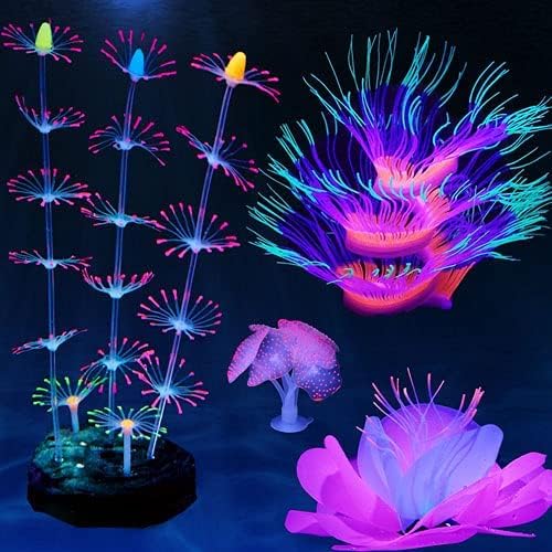 Fluorescent glowing aquarium ornaments swaying naturally under ultraviolet tank lighting.