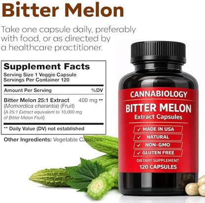 Cannabiology Bitter Melon Extract dietary supplement capsules side label showing directions
