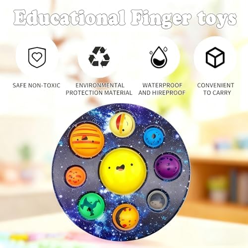 Close up angle of a hand pressing the textured planet bubbles on the QETRABONE simple anxiety relief toy