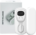 TEQIN Yoicee wireless bedwetting alarm system with white transmitter and receiver units displayed with their USB-C charging box on a clean background.