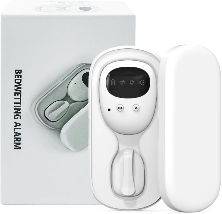 TEQIN Yoicee wireless bedwetting alarm system with white transmitter and receiver units displayed with their USB-C charging box on a clean background.