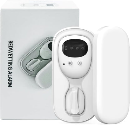TEQIN Yoicee wireless bedwetting alarm system with white transmitter and receiver units displayed with their USB-C charging box on a clean background.