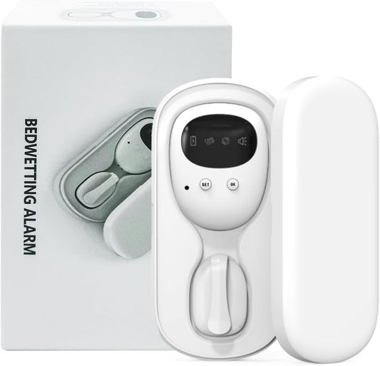 TEQIN Yoicee wireless bedwetting alarm system with white transmitter and receiver units displayed with their USB-C charging box on a clean background.