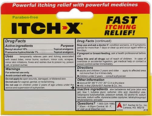 Close-up of the Itch-X gel tube emphasizing the soothing aloe vera feature and topical analgesic details.
