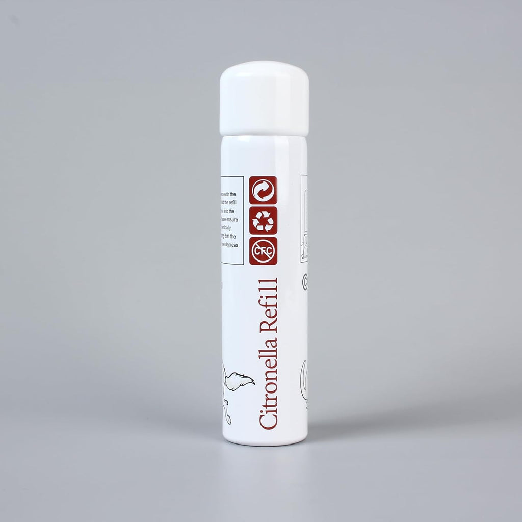 Hand holding Petbff citronella aerosol refill can