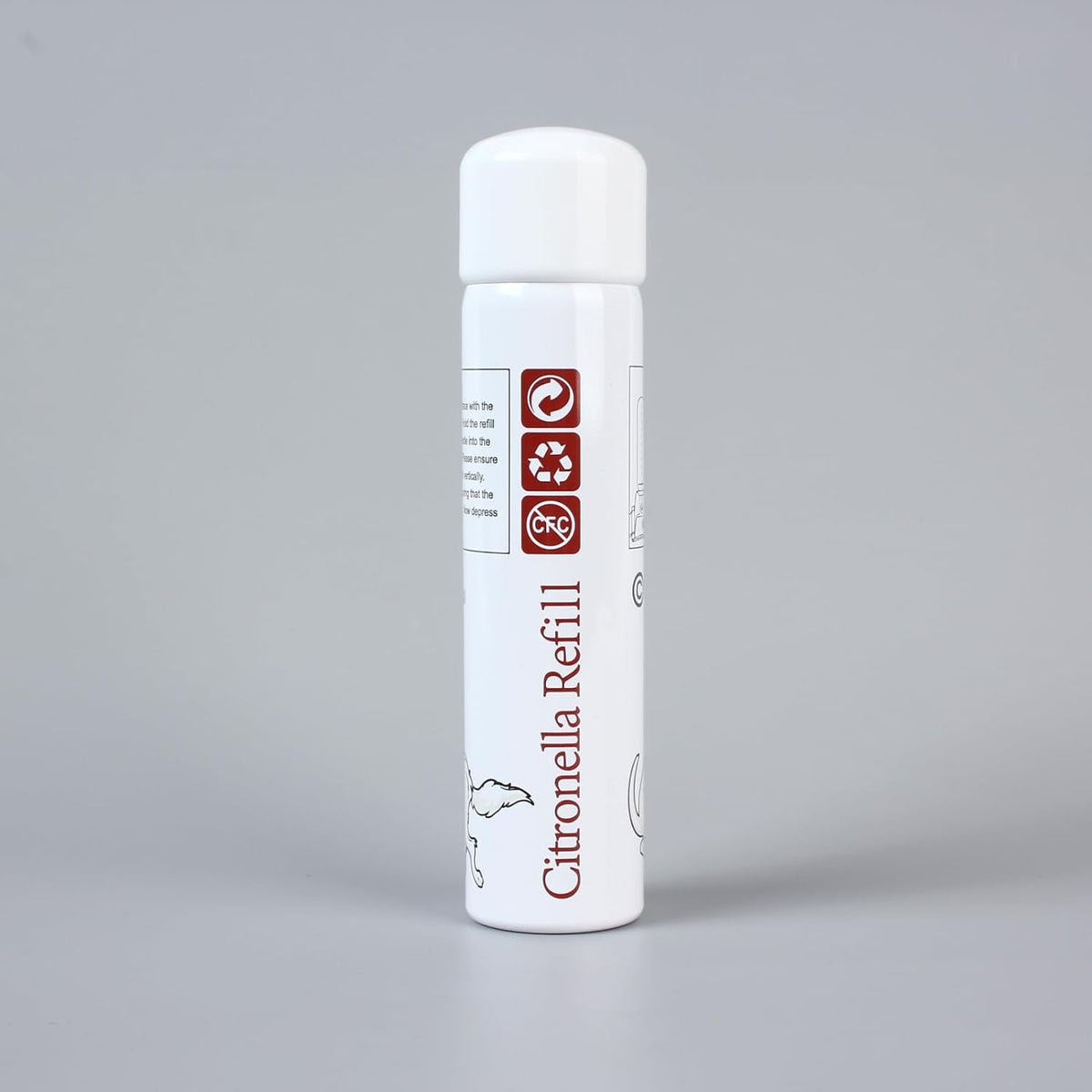 Hand holding Petbff citronella aerosol refill can