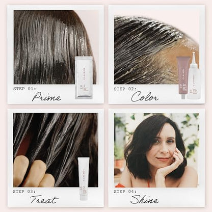 Clairol permanent hair dye kit contents including primer, color cream, and treatment.