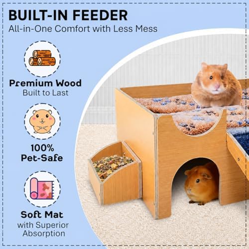 Guinea Pig Wooden Hideout with Built-in Feeder, Screw-Assembled Natural Wood Castle with Absorbent Fleece Mat, Ramp & Accessories, Cozy Safe Hideaway for Small Pets to Rest, Play & Explore - Image 3