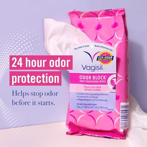 Resealable pink pouch of Vagisil feminine wipes showing 24 hour odor protection label