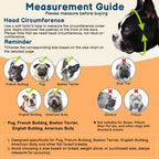 Measurement guide diagram for flat-faced aggressive dogs muzzle showing head circumference tape placement