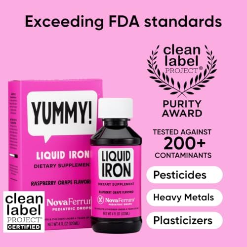 NovaFerrum Yummy Liquid Iron bottle with dropper cap displaying ingredients and dosage instructions