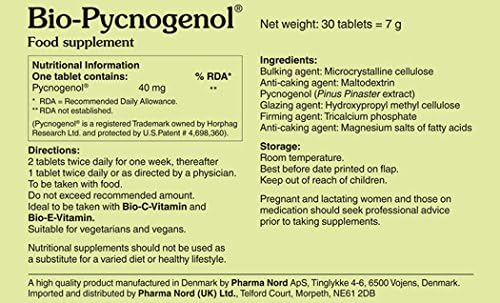 Close-up of Pharma Nord maritime pine bark extract supplement container displaying product details and tablet count.