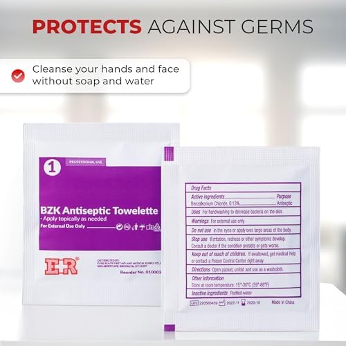 Individually wrapped BZK antiseptic wipes for portable first aid and wound cleansing.