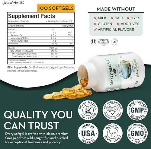 Maxi Health omega 3 fish oil 100 count bottle lifestyle shot