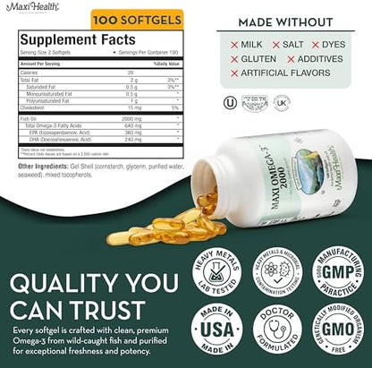 Maxi Health premium kosher vitamins triple strength fish oil 100 softgels visual product description