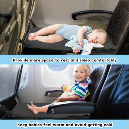 TrekBabe airplane seat extender for kids showing the adjustable straps and snaps.