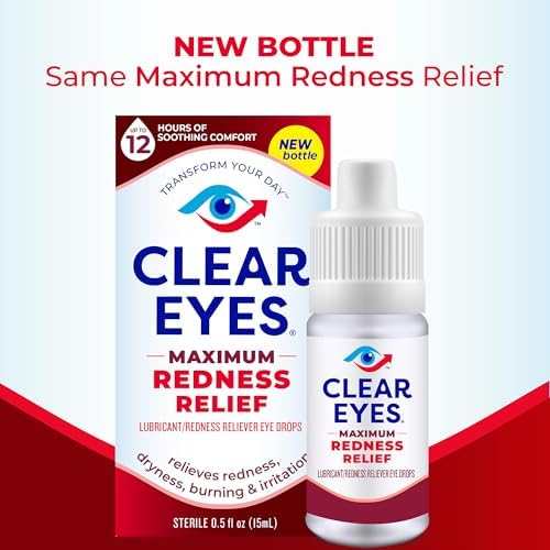 Clear Eyes eye drops 0.5 fluid ounce packaging showing active ingredients.