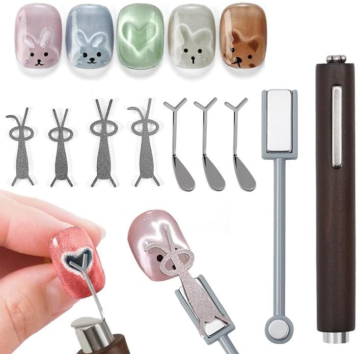 Wokoto cat eye nail magnet set with heart and rabbit stencils front view