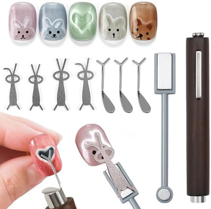 Wokoto cat eye nail magnet set with heart and rabbit stencils front view